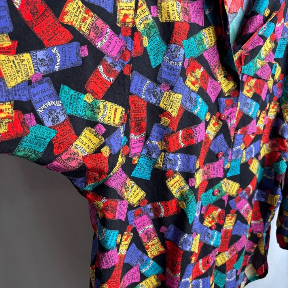VTG Novelty Print Button Up Tunic Top Antique‎ Toothpaste Dentist Pop Art Retro